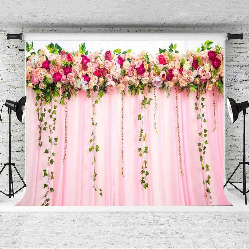 EOA 7(W) x5(H) FT Pink Curtain Floral Photography Backdrop Wedding Bridal Girl Baby Shower Background - Great for Birthday, Studio, Booth, Party, Events, Portrait Use Photoshoot Props - Image 3